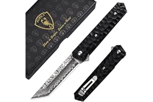 AUBEY Damascus Pocket Knife, Tanto VG10 Core Damascus Steel Folding Knives with Ball Bearing, Aluminum Alloy Non-Slip Handle and Glass Breaker, EDC Damascus Knife for Men Women (Black)