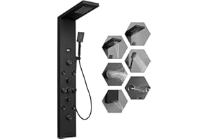 Greenspring Shower Panel Tower System, Stainless Steel Multi-Function Shower Panel, Shower Tower with 5 Body Jets Handheld Shower Wand Tub Spout and Rainfall Head Temperature Display, Black