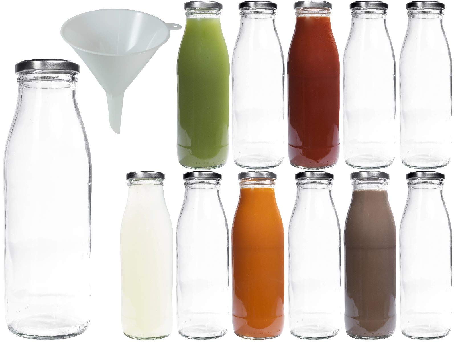 Viva Haushaltswaren 12 Empty Wide-Necked Glass Bottles 500 ml/Milk/Juice Bottles with SILVER Screw A Filling Funnel Diameter 12 cm
