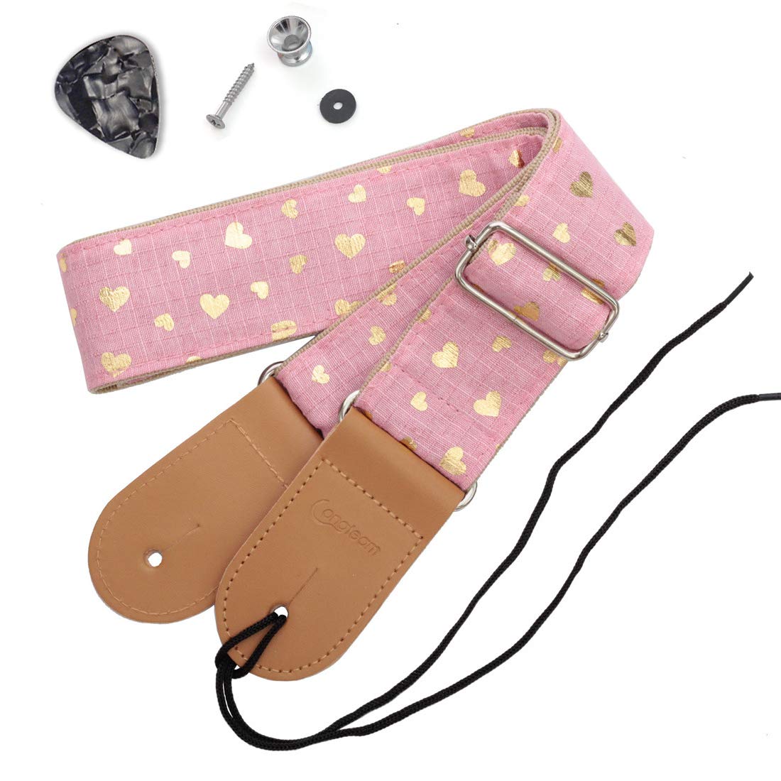 longteam Simple Linen Leather Guitar Strap Adjustable Length Durable Electric Guitar Bass Straps with Nail, Rope, Picks (Pink Heart)