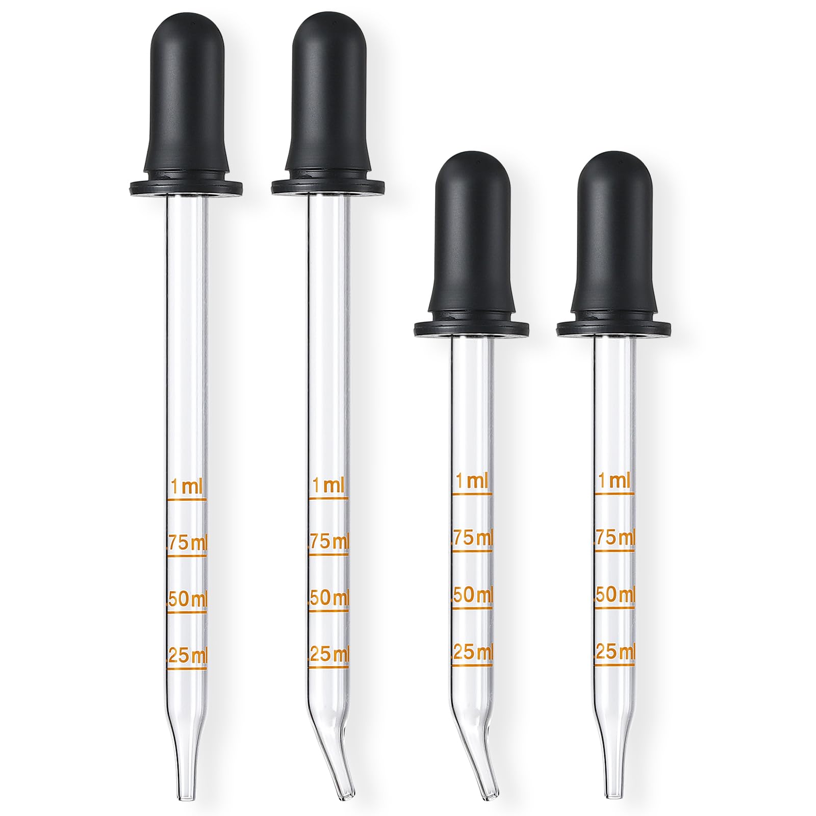 4 Pack, 1 mL Glass Eye Dropper with Measurement - Long & Short, Bent & Straight Tip Calibrated Glass Medicine Droppers, Accurate Dose Pipette Dropper for Essential Oils, Feeding, Ear, Lab, Health Care