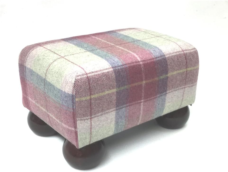 Small Tartan Footstool in Heather with Dark Wood Bun Feet Amazon.co.uk