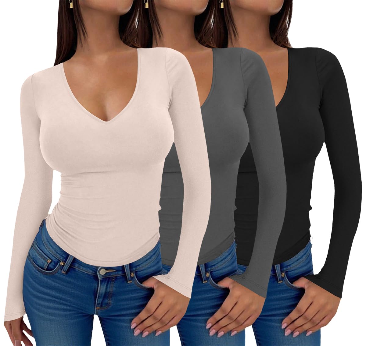 Ekouaer Deep V Neck Shirts for Women Low Cut Long Sleeve Tops Slim Fit Basic Cleavage Tees Deep Plunge Thermal Tshirts Black + Grey + Beige XS