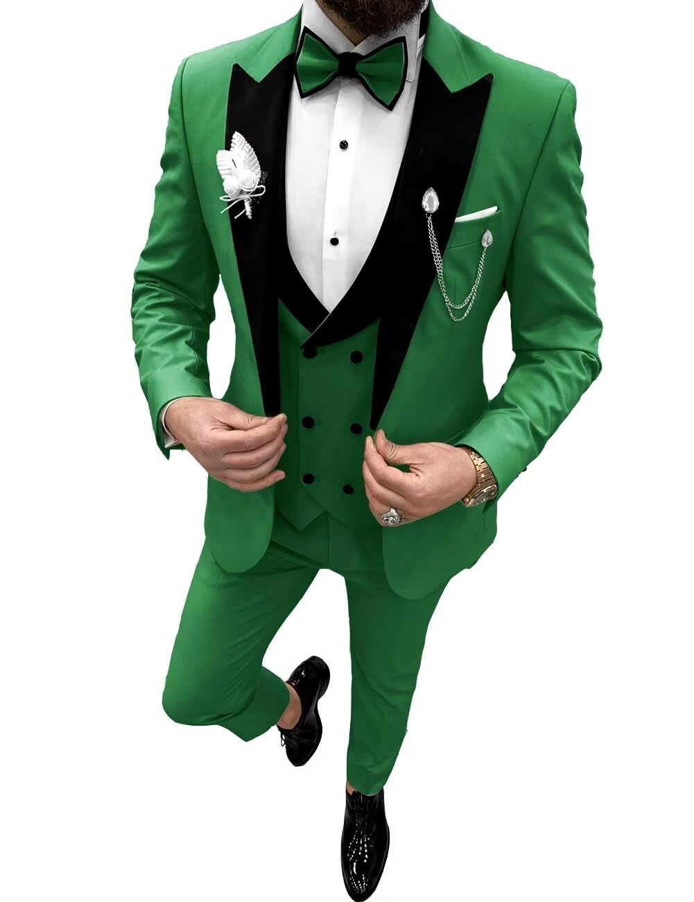 Wangyue Green 3 Piece Mens Tuxedo Double Breasted