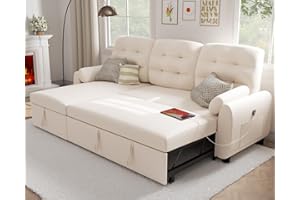 Ucloveria Sectional Sofa Couch, 87" Sleeper Sofa Bed with Reversible Storage Chaise Pull Out Couch for Living Room | Side Pocket | Charging Station | Removable Backrest | Linen Fabric, Beige