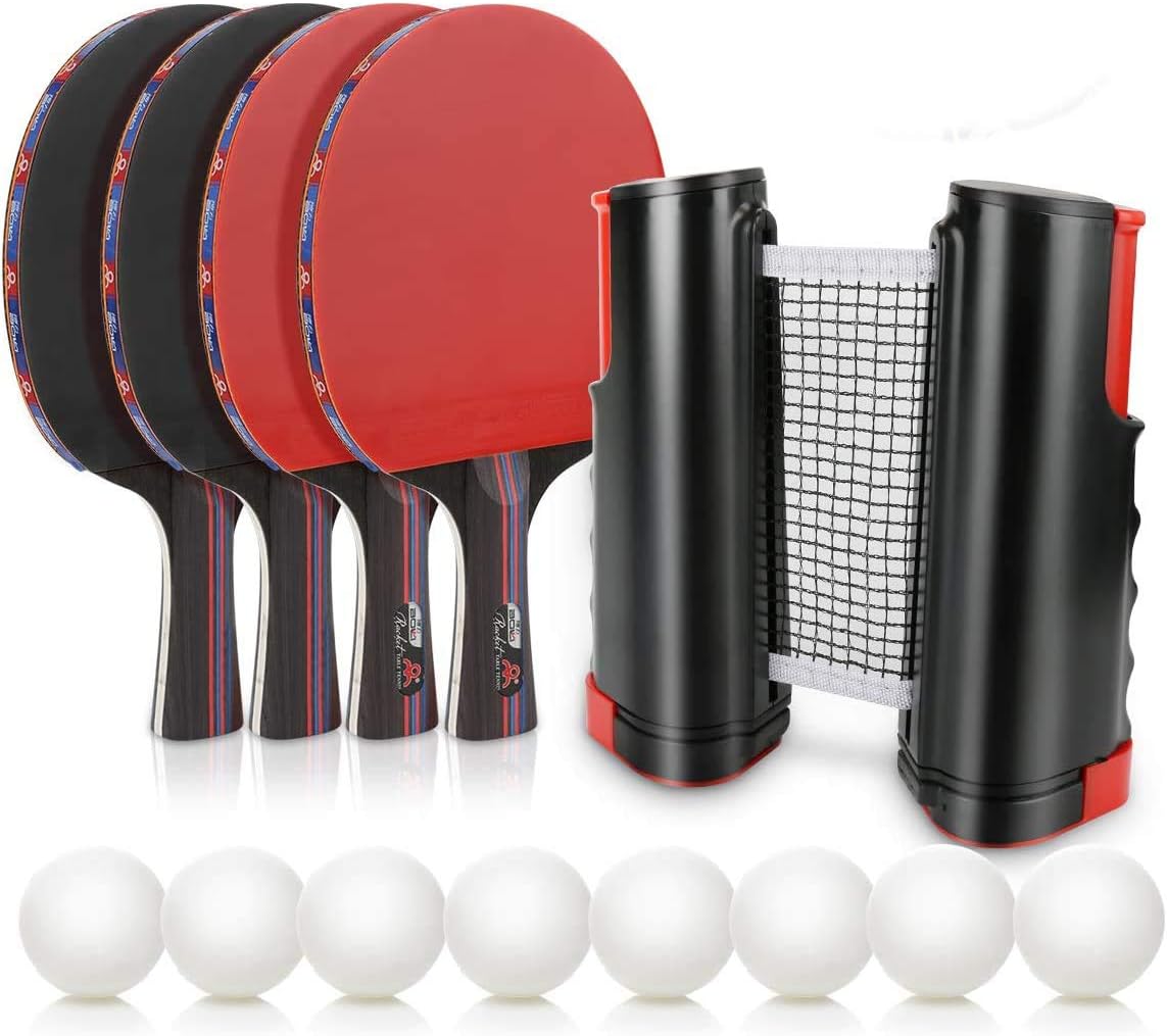 ADTZYLD Table Tennis Set,4 Player Ping Pong Paddle Set with Retractable Table Tennis Net & Post & Balls,Workout Equipment for Home Workouts Indoor Outdoor Games for Family