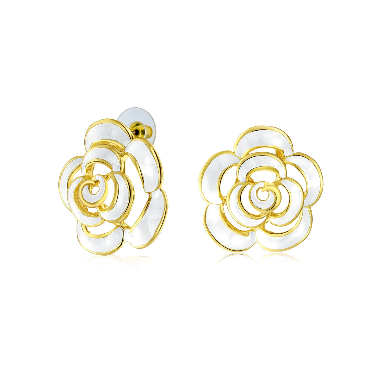 Fashion Enamel 3D White Rose Flower Stud Earrings Button Style Gold Plated