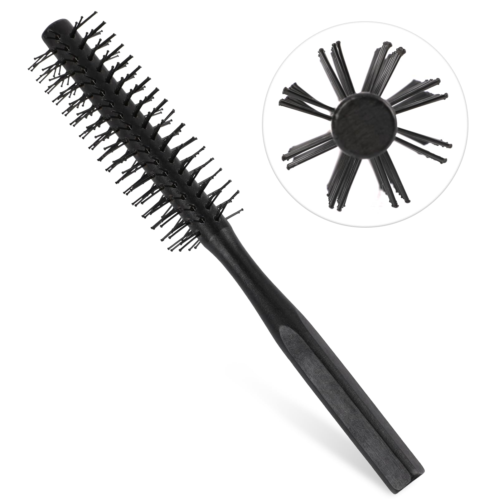 Small Round Brush for Blow Drying Hair - Wooden Handle, Nylon Bristles for Wet Hair, Bangs, Beard, Styling, Lifting, Curling (Black)