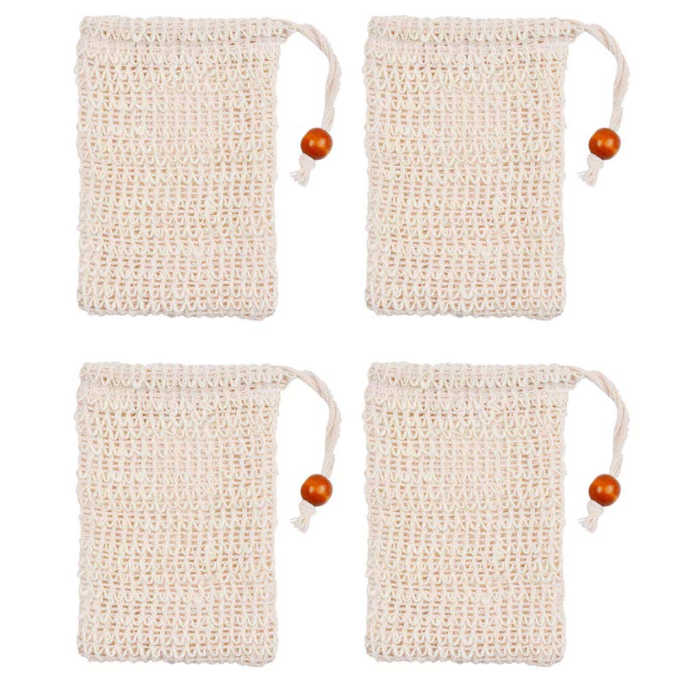 4 Pack Organic Sisal Soap Saver Bags - Natural Drawstring Bags for Eco-Friendly Shower Use