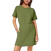 SENSERISE Womens Short Sleeve T Shirt Dresses Crew Neck Solid Color Basic Smocked Waist Dress with Pockets