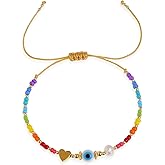 BXDA Rainbow Beads Pearl Bracelets for Women, Cute Dainty Evil Eye Boho Handmade Adjustable Colorful Beaded Stackable Strand Bracelet Prom Jewelry Gift.