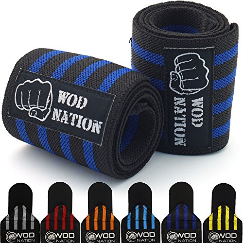 Wrist Wraps by WOD Nation - Wrist Support Braces - Fits Both Men & Women - Strength Training, Weightlifting, & Powerlifting + FREE Carrying Bag Included (18 Inch - Black/Dk Blue)