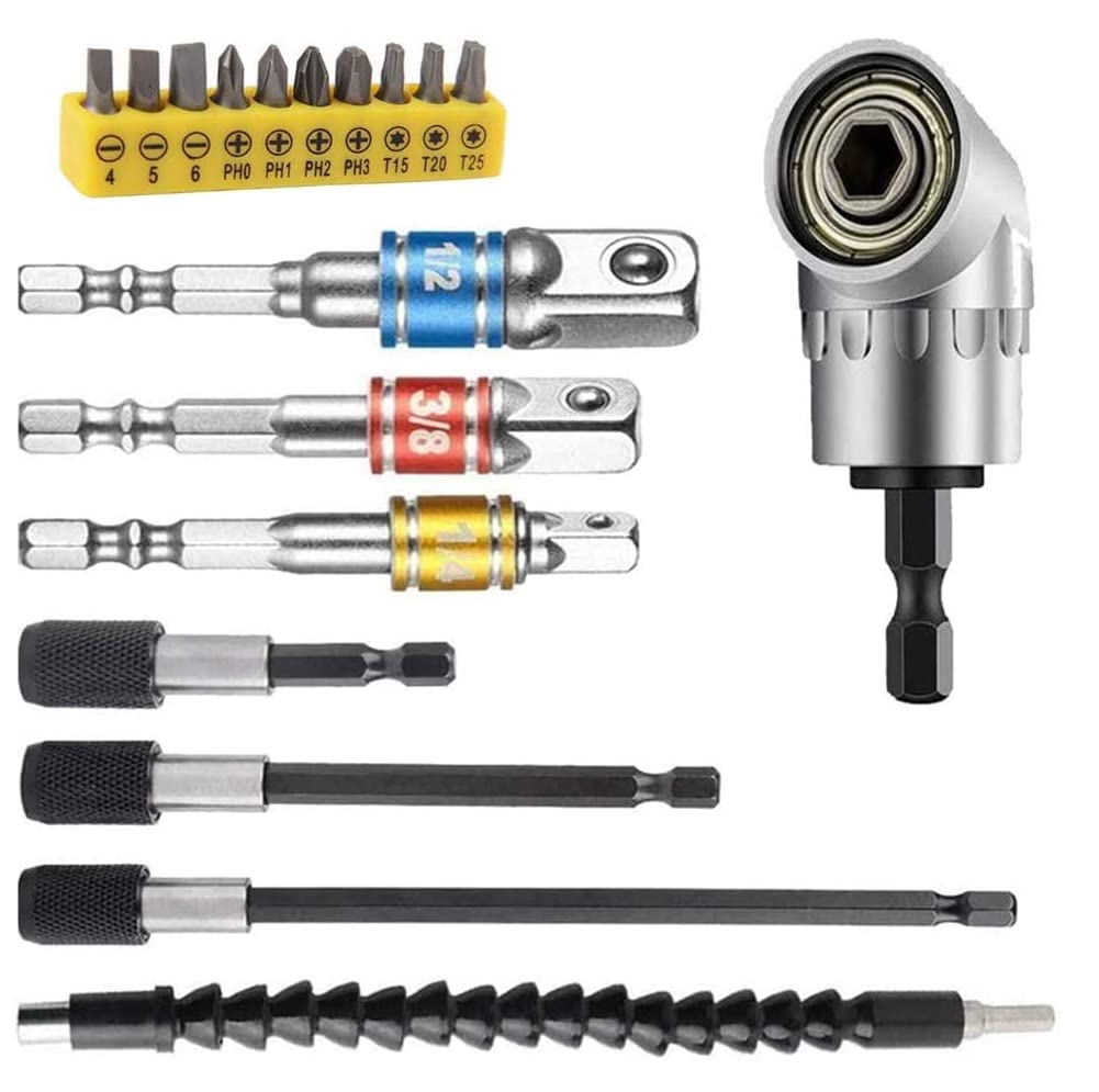 Flexible Drill Bit Extension kits,Include 11.8 inch Bendable flexible extension Bit, 10Pcs Screwdriver Bit Set, 105° Right Angle Drill, 3pcs Universal Socket Adapter Set and 3pcs Drill Bit Holder