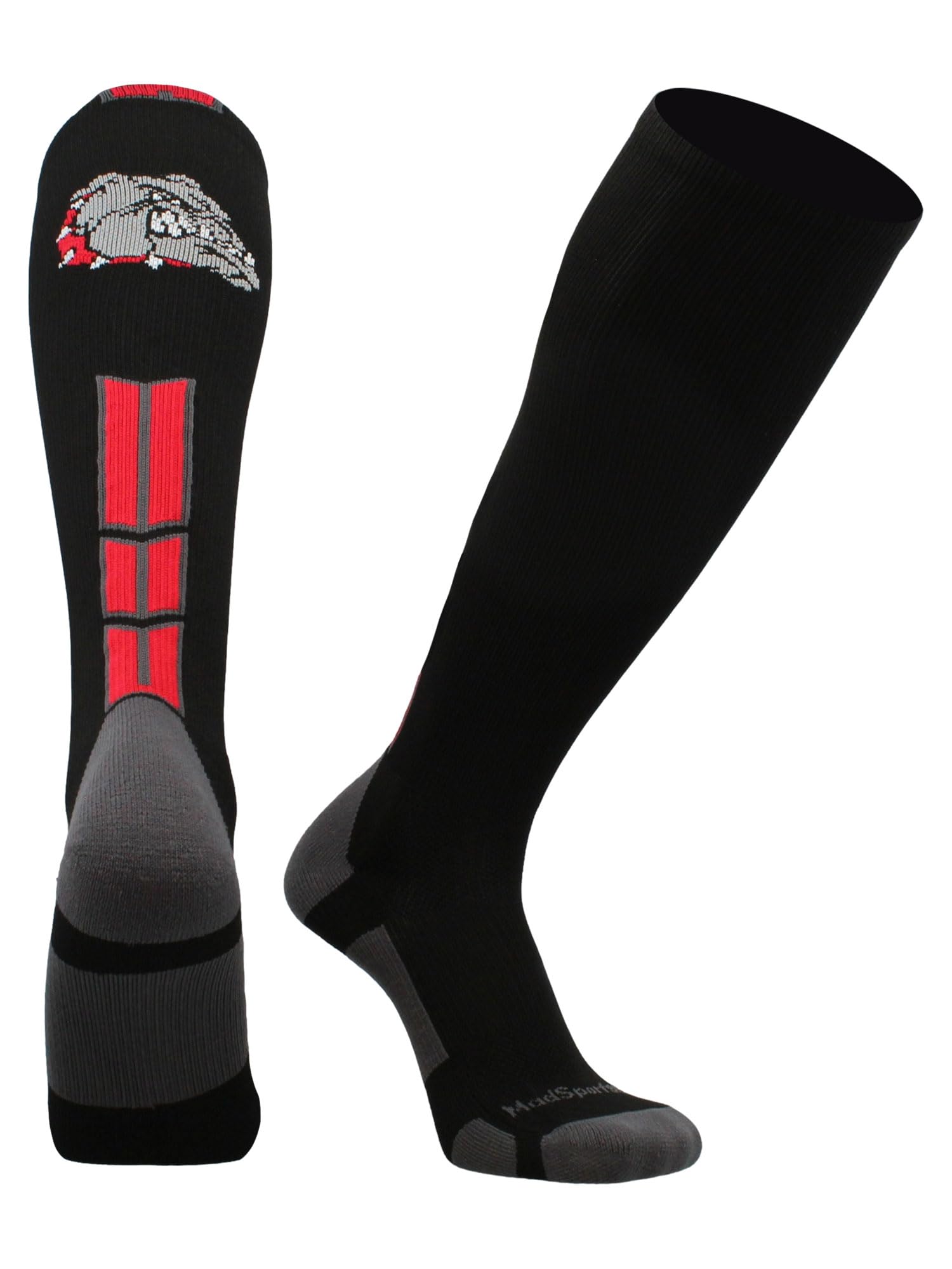 MadSportsStuff Bulldogs Logo sobre los calcetines de pantorrilla (negro/escarlata, mediano)