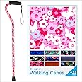 NOVA Designer Walking Cane with Offset Handle, Lightweight Adjustable Walking Stick with Carrying Strap, “Pink Petal Power” Design