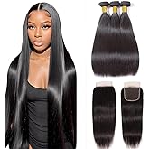 10A Straight Bundles with Closure 10 12 14 with 10 Inch 100% Unprocessed Brazilian Virgin Human Hair Weave 3 Bundles with 4x4