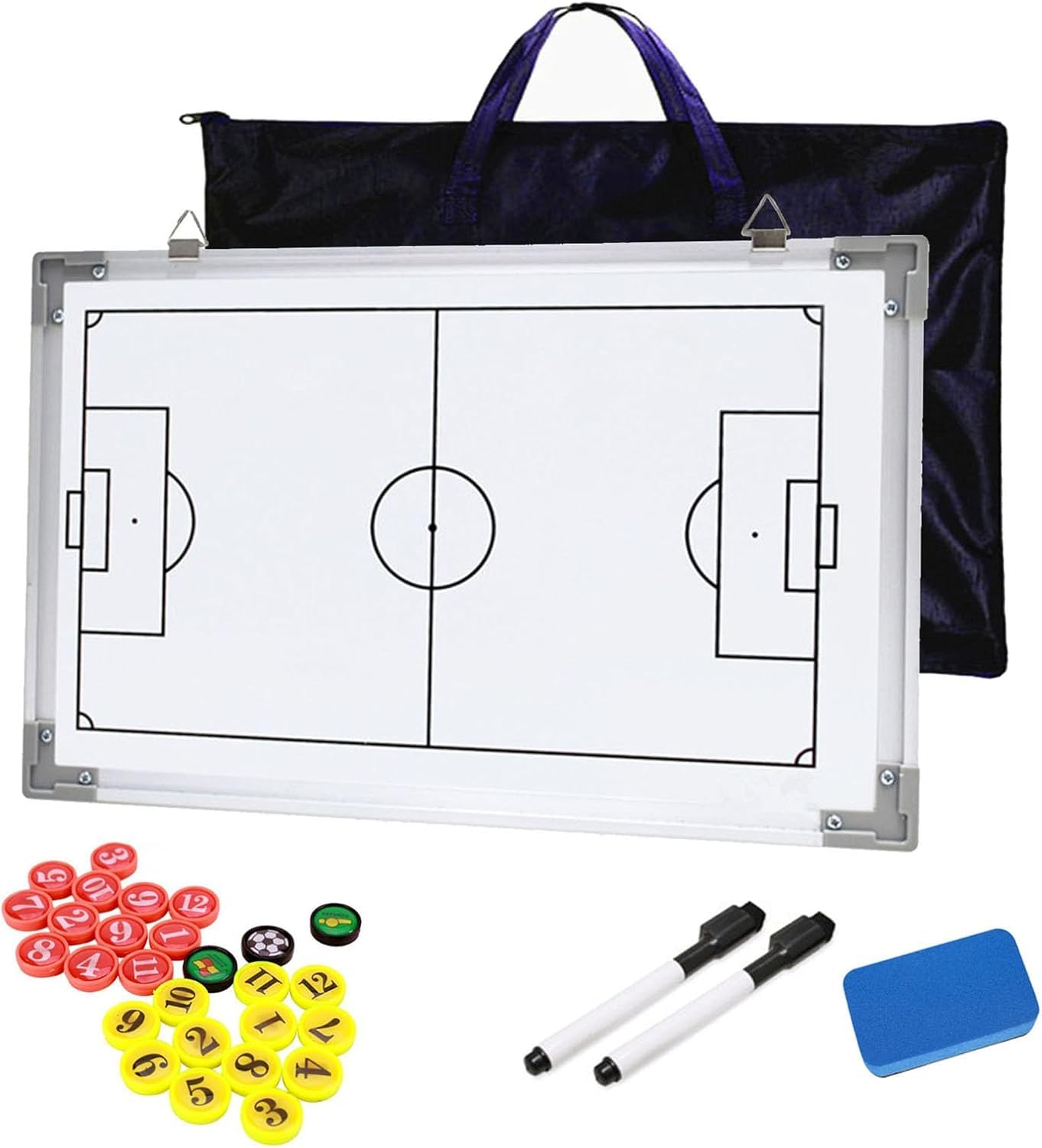CHSEEO White Reusable Coaching Board, Aluminium Waterproof Magnetic Football Whiteboard, with Tactical Pen, Dry Erase & 27 Markers, Double Sided Design Full-Court and Half-Court, 43 x 30.5 CM