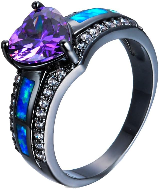 JBL Women Charm Blue Fire Opal Heart Elegant Purple Black Gold Filled Vintage Wedding Ring