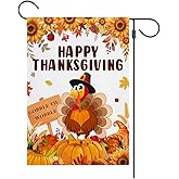 MEHOFOND Fall Happy Thanksgiving Garden Flag, Double Sided for Outside Pumpkin Turkey Gobble Til Wobble Maple Leaves Give Thanks Turkey Seasonal Autumn Yard Decoration 12x18in