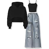 Voxikidio Size 5-10 Years Girls 3PCS Fashion Outfits Set - Cropped Hoodie + Cami Top + Printed Jeans 3-Piece Set