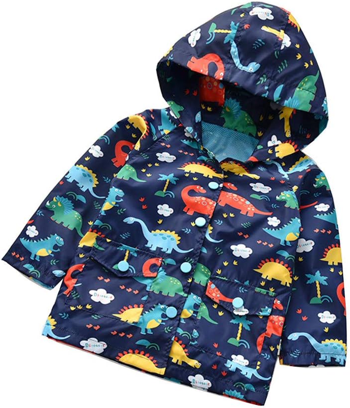 Boy's Girl's Dinosaur Print Zip Jacket Hooded Windproof Raincoat Toddler Baby Long Sleeve Hoodie Trench Coat
