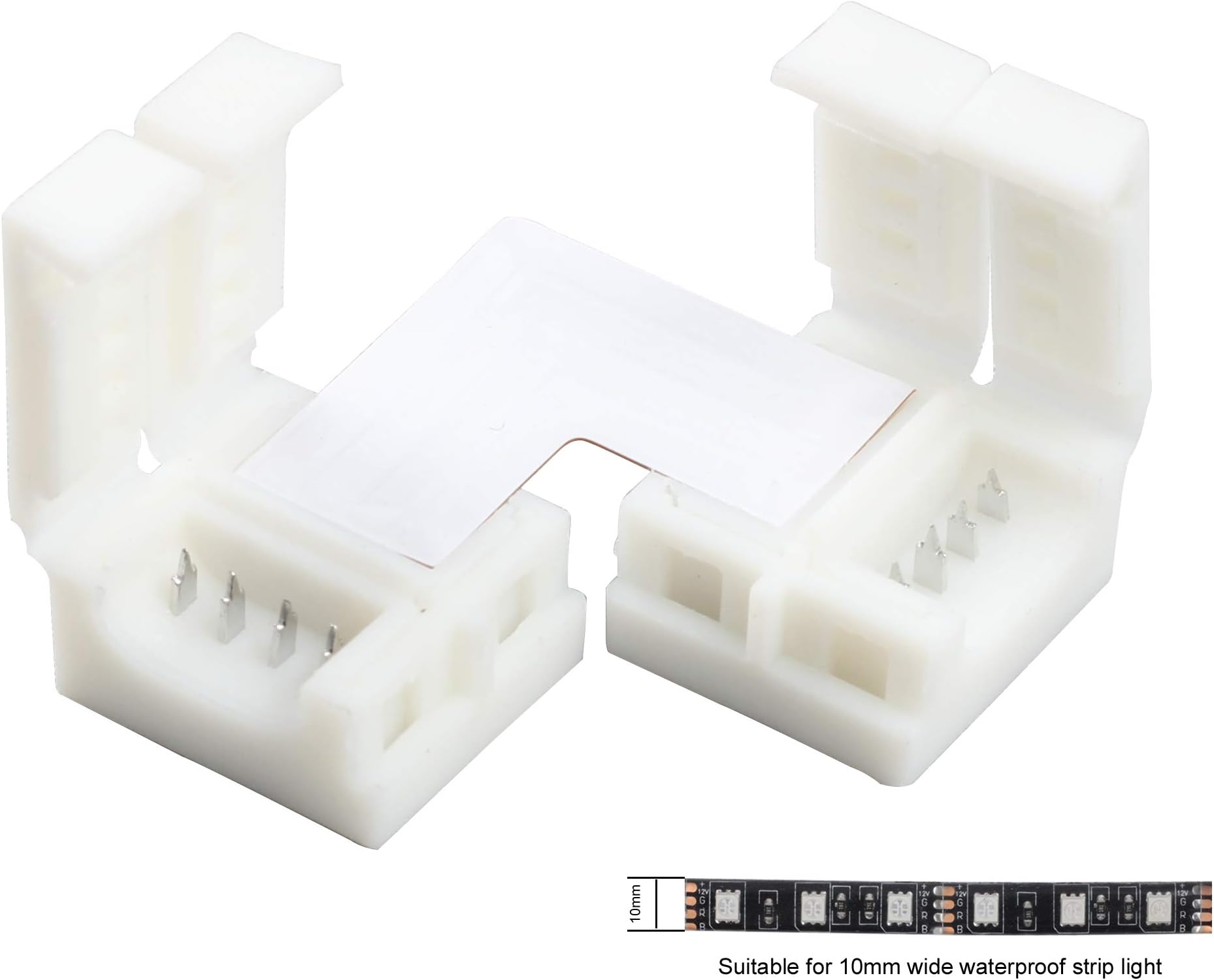 PierShine L Shape Connectors for Waterproof 5050 RGB LED Strip Light 10mm Width, No Need to Remove The Gel on The Strip and solderless, 5 Packs