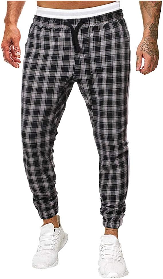 Amazon メンズ ロングパンツ ストレッチ ズボン スキニーパンツ細身デザイン ファッション ファッションメンズカジュアルなチェック柄ポケットストリングスポーツパンツ ロングパンツ 通販