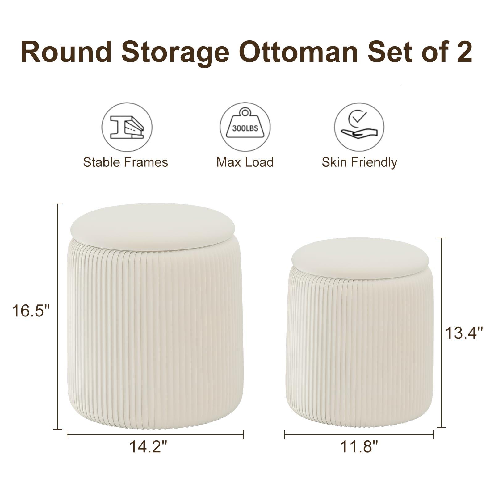 Round Ottoman with Storage Set of 2, White Vanity Stool, Upholstered Velvet Storage Ottomans, Makeup Chair Seat for Bedroom, Small Pouf Footstool for Living Room - Image 2