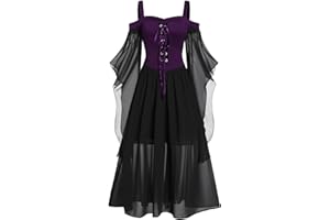 JURANMO Goth Dress for Women Cold Shoulder Butterfly Sleeve Dress Lace Up Halloween Dress Renaissance Medieval Dress