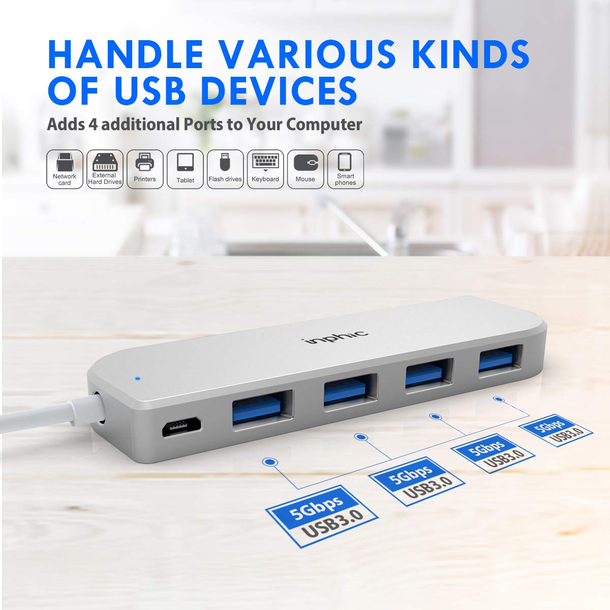 Inphic High-Speed Portable 4 Ports USB Hub 3.0 Aluminum with Micro-USB Powered Port