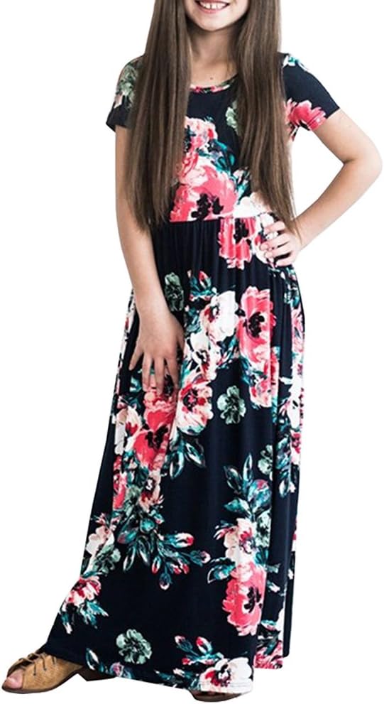 YIJODM Girls Floral Maxi Dress, Flower Printed Short Sleeves Dress with Pockets Summer Long Holiday Dress
