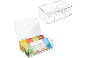 SIMPLEMADE 2 Pk Clear Tea Bag Organizer - Tea Box Divided Storage Container Box with Hinge Lid for Kitchen Cabinet, Countertop, Pantry, Hold Coffee Pods, Seasoning Packets, Condiments (Set of 2)