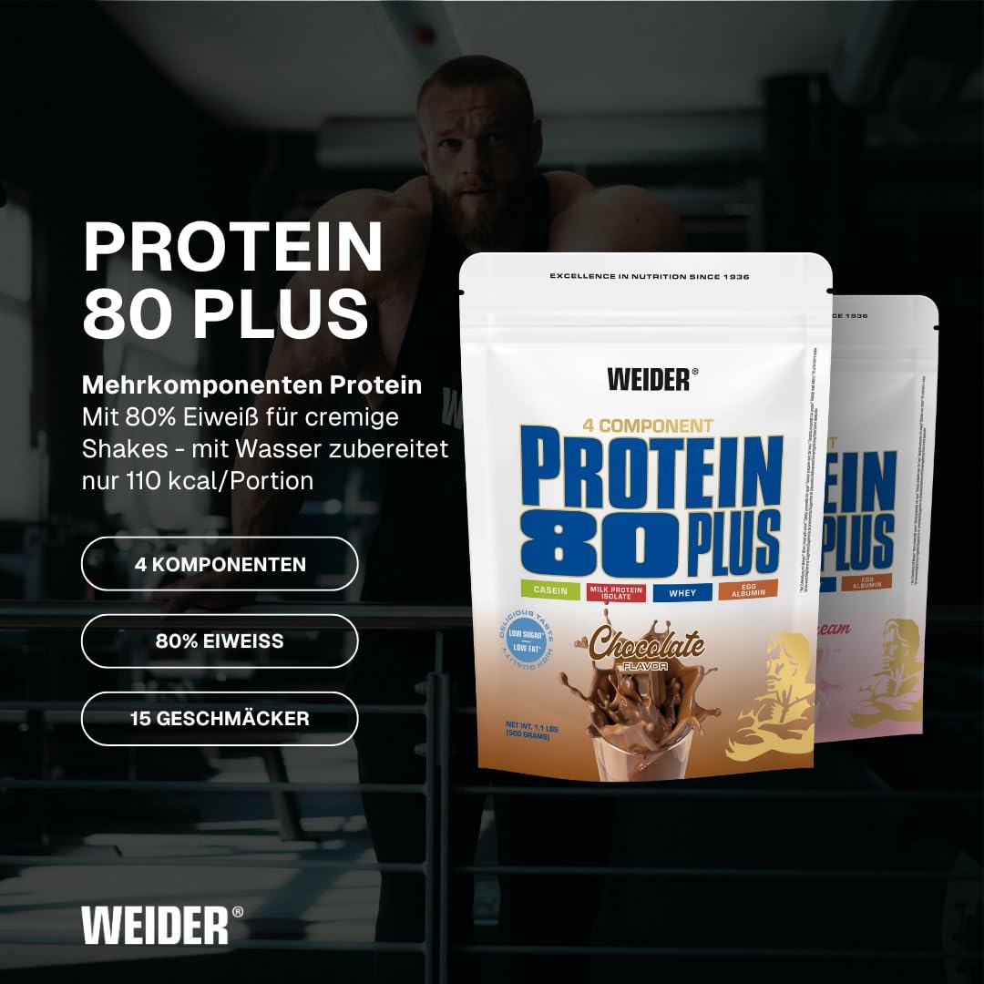 Weider - Protein 80 Plus - 4-Komponenten Protein Pulver - Hoher Proteingehalt mit 80% Eiweiß - Cremige Shakes mit Calcium & Vitamin B6 - 500g - Schoko 2