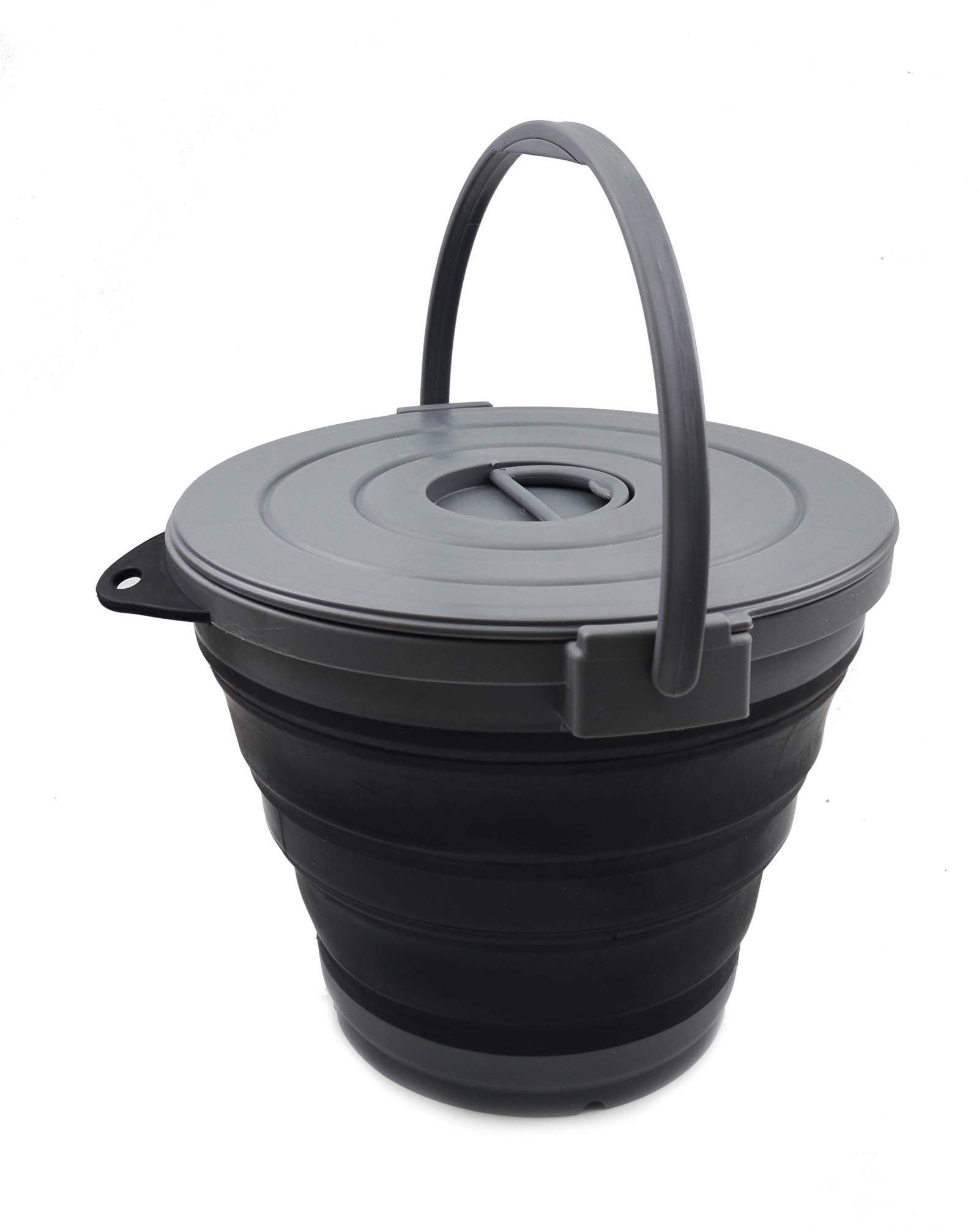 SAMMART 10L Collapsible Fishing Bucket with Locking Lid - Foldable Round Tub - Portable Plastic Water Pail - Space Saving Outdoor Waterpot (Grey/Black)