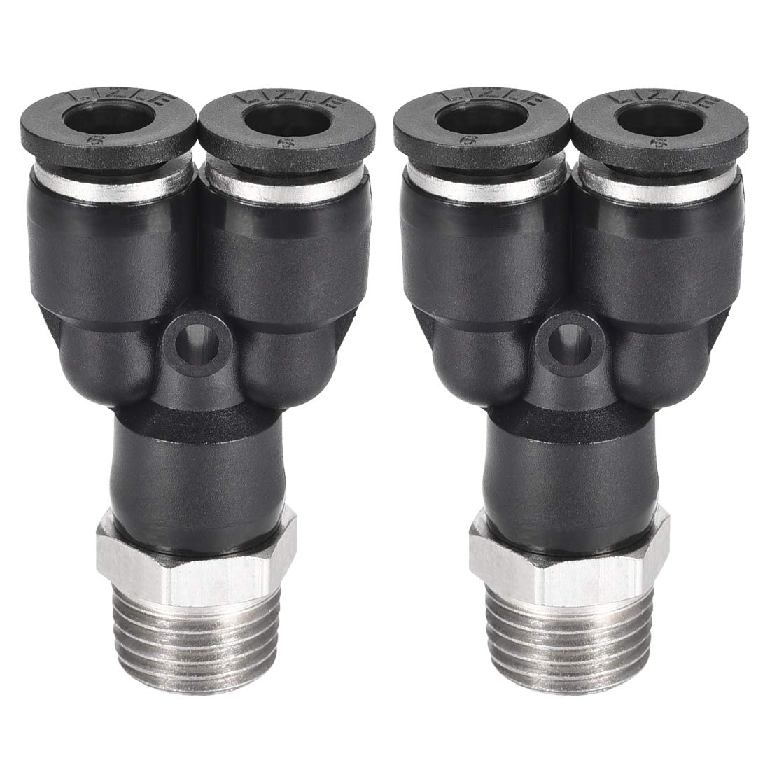 sourcing map Push to Connect Air Fittings Y Type Tube Connect 6mm OD x 1/4PT Male Thread Tube Fittings Push Lock Black 2Pcs