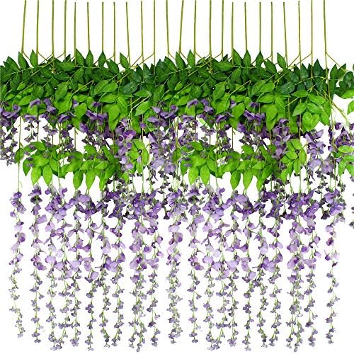 6pcs Artificial Wisteria Flowers 3.6 Feet/Piece Purple Artificial Fake Wisteria Vine Ratta Hanging Garland Silk Flowers String Home Party Wedding Decor（Purple）…