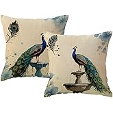 ULOVE LOVE YOURSELF 2Pack Peacock Throw Pillow Covers Only Decorative Square Pillowcases Cotton Linen Cushion Cover 18 X 18 Inch (Peacock)