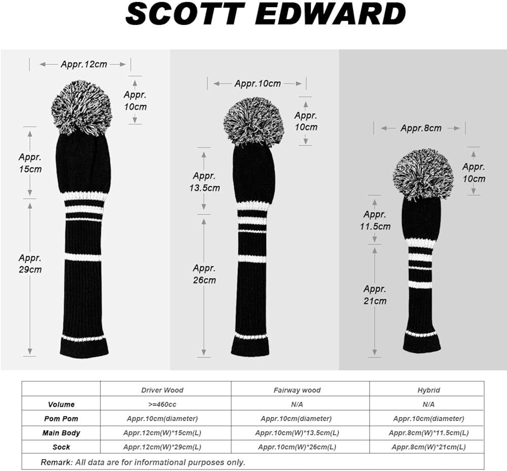 Scott Edward Black Color White Stripes Golf Pom Pom Head Covers Set of 3 for Wood Clubs, Rotating Number Tags : Sports & Outdoors
