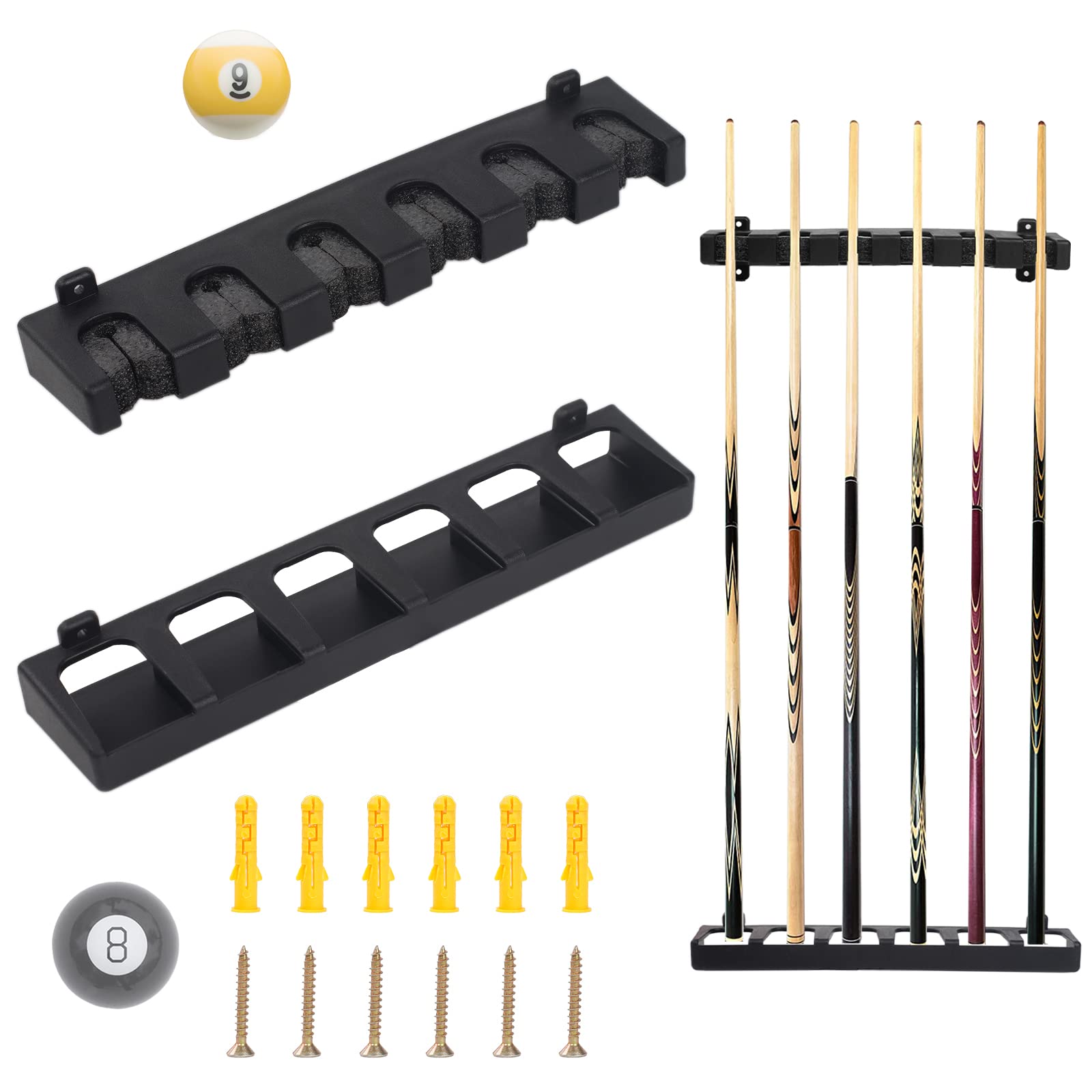 Jetisva 6 Wall Mounted Pool Cue Rack, Black, Vertical, Snooker and Billiard Cue Stand for Table Rods and Club Player