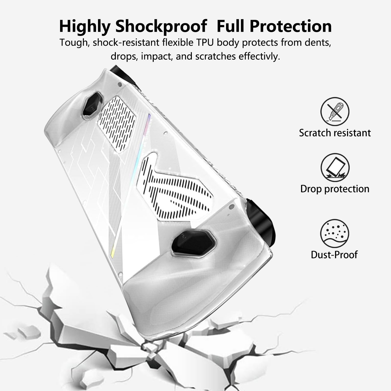 ROG Ally Case - Shockproof TPU Case with 4 Thumb Stick Caps - Lightweight Clear Gaming Accessory