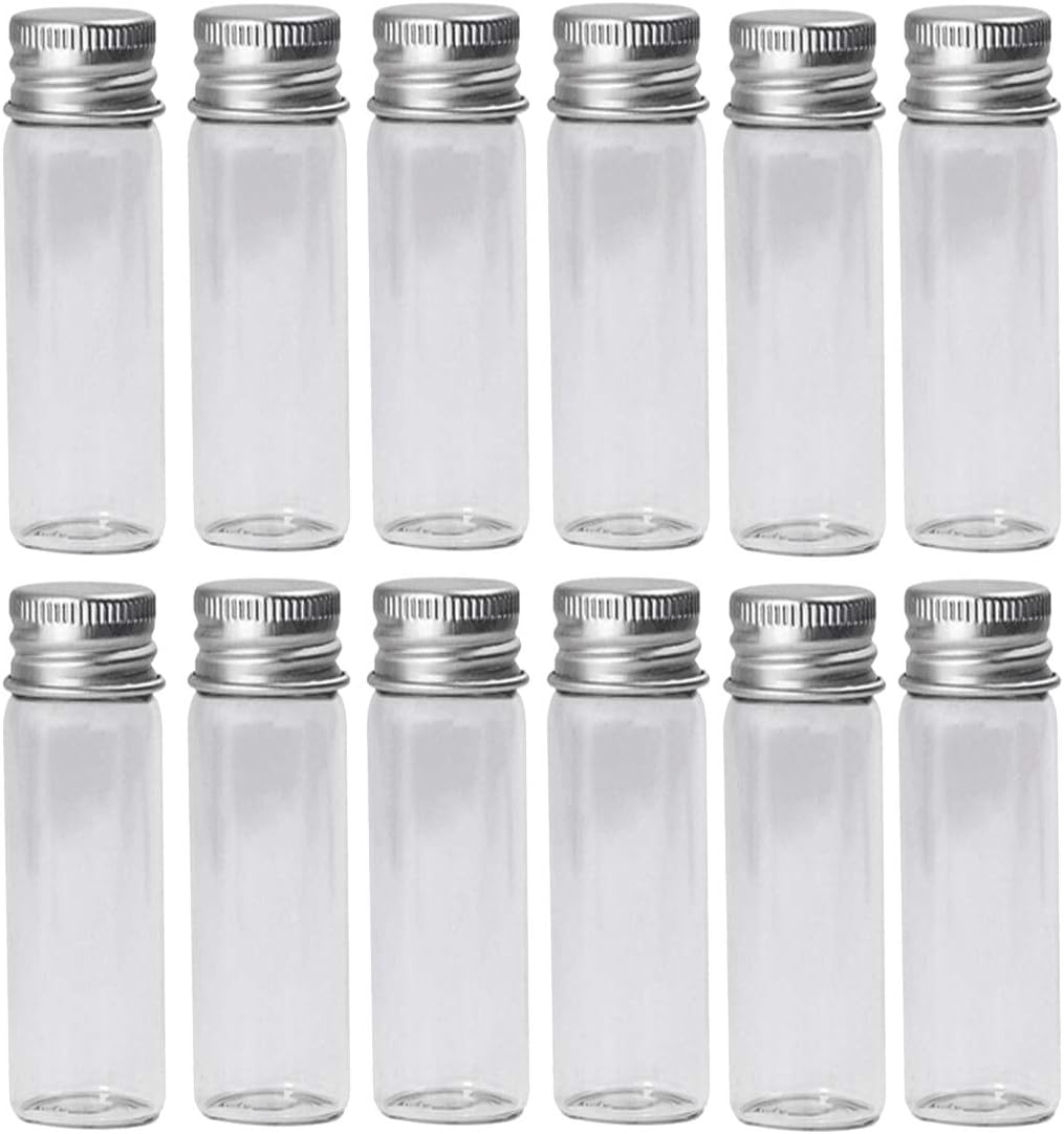 XUMIN 12PCS Empty Transprarent Glass Wish Bottles Jars Pot Sample Packing Vials Storage Container with Aluminum Screw Lids for Spices Candy Food Sample(30ml/1oz)