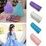 4Pcs Glitter Sequin Tulle Rolls Sparkling Fabric Spool Ribbons Tutu Material 6 x 900 Inch (25 Yards Each) for DIY Craft, Gift Wrapping, Decoration, Clothes, Wedding - Pink, Purple, White, and Blue