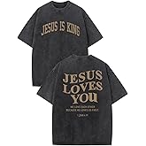 Hiehiety Mens Christian Shirts Jesus is King Love You Tshirt God Faith Religious Bible Verse Oversized Acid Wash Graphic Tees