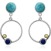 Watforsh Silver and Blue Boho Turquoise Circle Sapphire Round Dangle Stud Vintage Drop Earrings for Women
