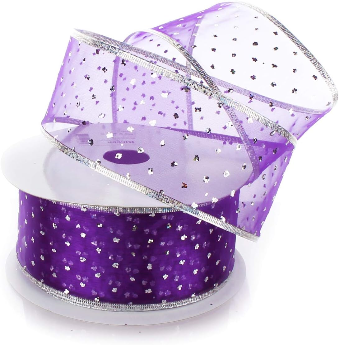 Ribbon Traditions Metallic Banded Edge Sheer Glitter Dots Wired Ribbon 2 1/2" by 25 Yards - Purple/Silver