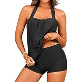 Women Two Piece Tankini with Shorts - Blouson Bathing Suit Halter Bandeau Top Swimsuit with Boyshorts Swimwear