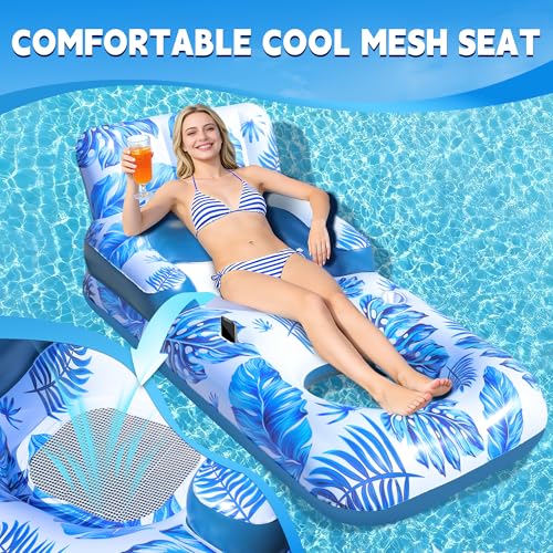 ChlorBlu Adult Inflatable Pool Mattress, Adult Swimming Pool Ring with Pillow and Handles, Drink Holder and Phone Holder, Inflatable Pool Chair for Adults, Tanning Pools