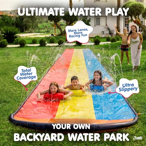 JAMBO Premium Triple Water Slide and 3 Bodyboards, 16Ft Heavy Duty Slip Splash and Slides-Advanced 3-Way Sprinkler System, Splash Pad Mat Backyard Summer Outdoor Water Toys n Long Slides for Kids