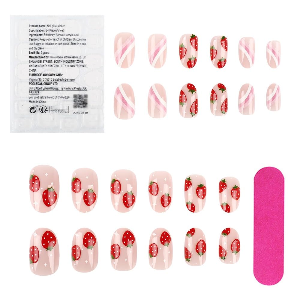 Cute Pink Press on Nails Short Oval Acrylic Fake Nails Sweet Strawberry False Nails with Stripes Design Glossy Artificial Glue on Nails Full Cover Stick on Nails for Women and Girls 24 Pcs - Image 3