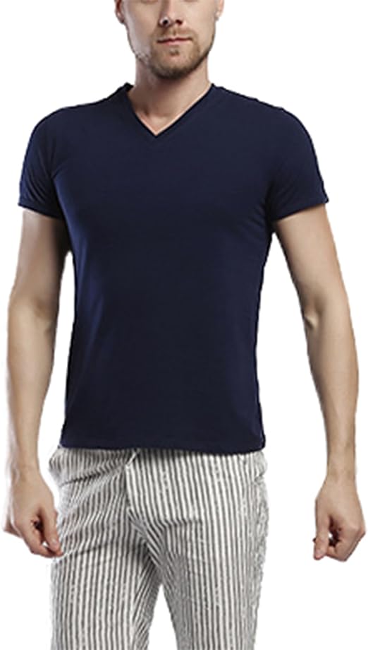 Assky メンズ カットソー ストレッチ Tシャツ 綿 Vネック 半袖 純色 無地 ハイクオリティー レジャー Xl ネイビー Tシャツ カットソー 通販 Amazon
